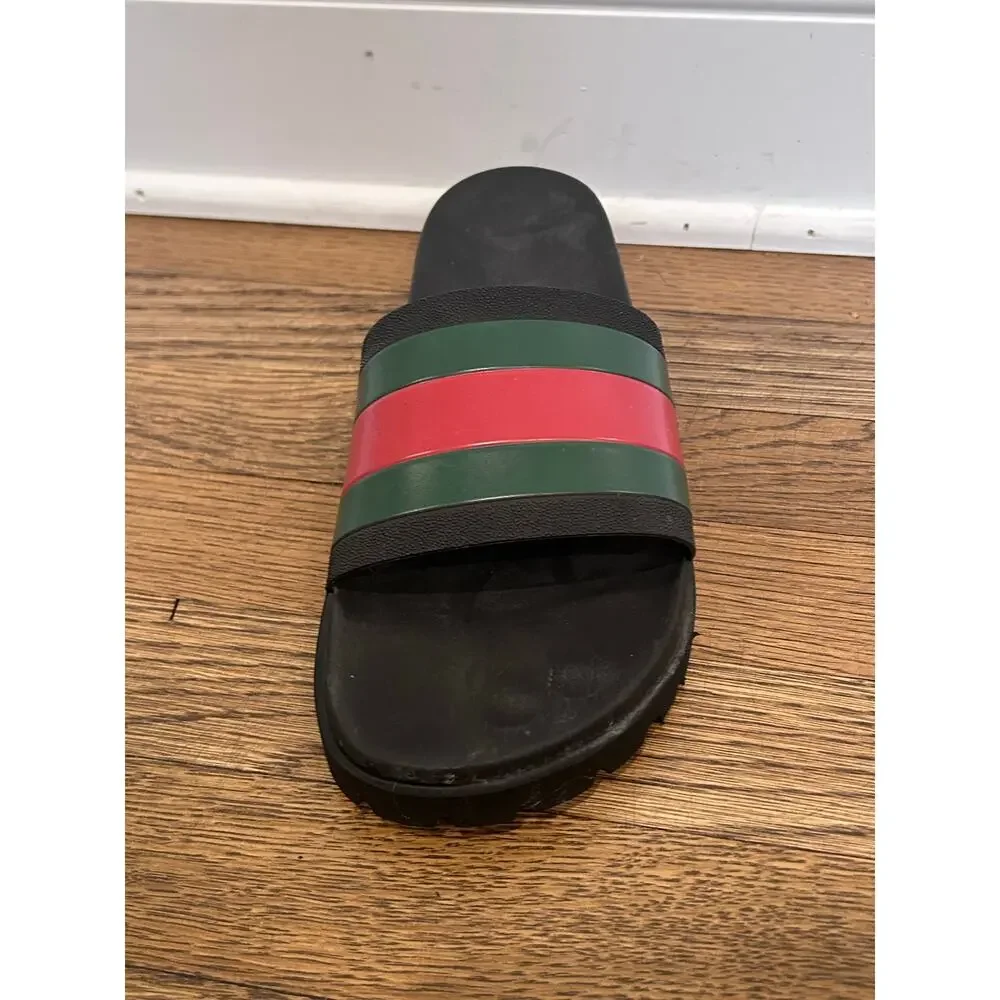 Gucci Mens Sz 10 Web Rubber Slide Sandals Black Green Red Pursuit Pool LEFT ONLY